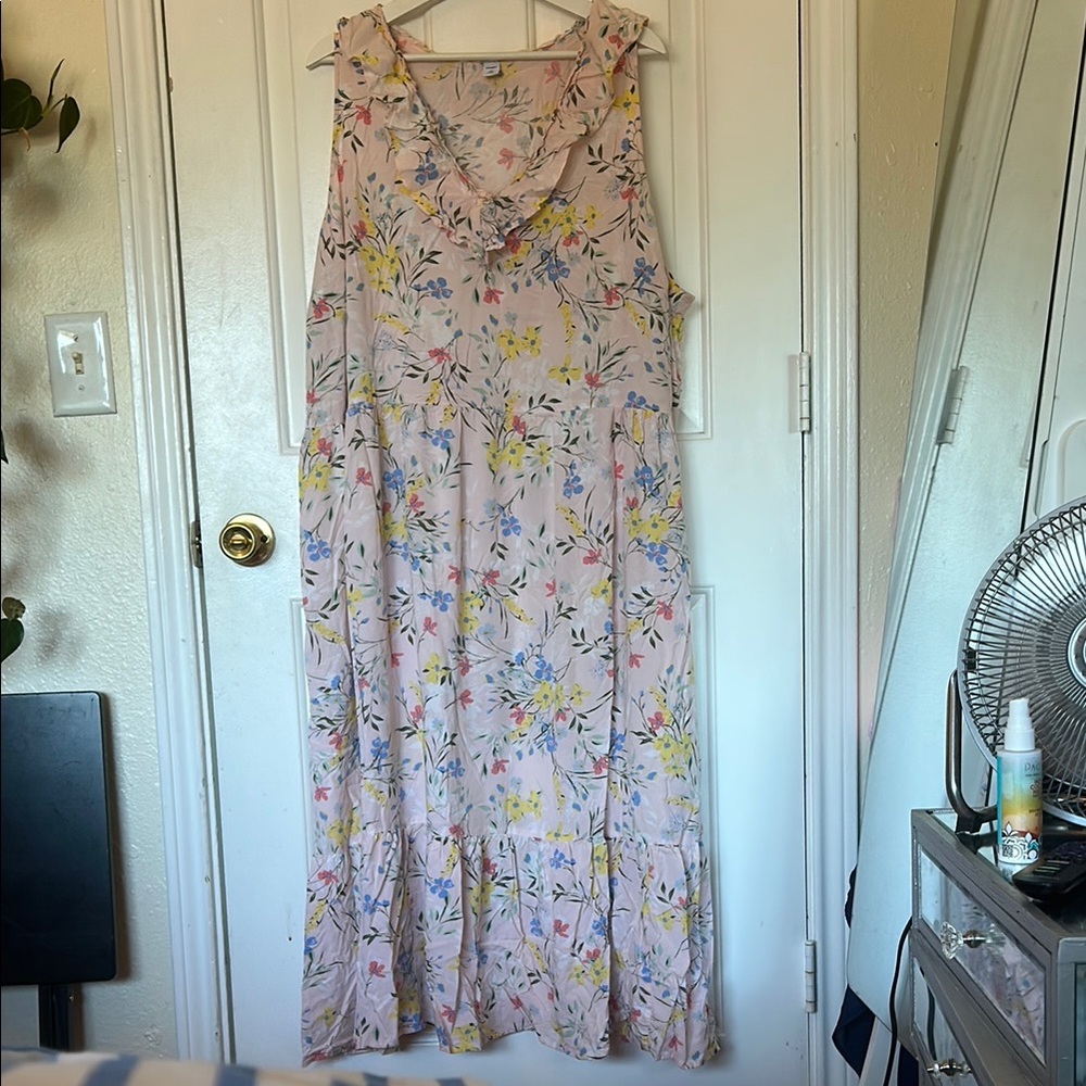 Old Navy Pink Sleeveless Ruffle Neck Midi Dress
